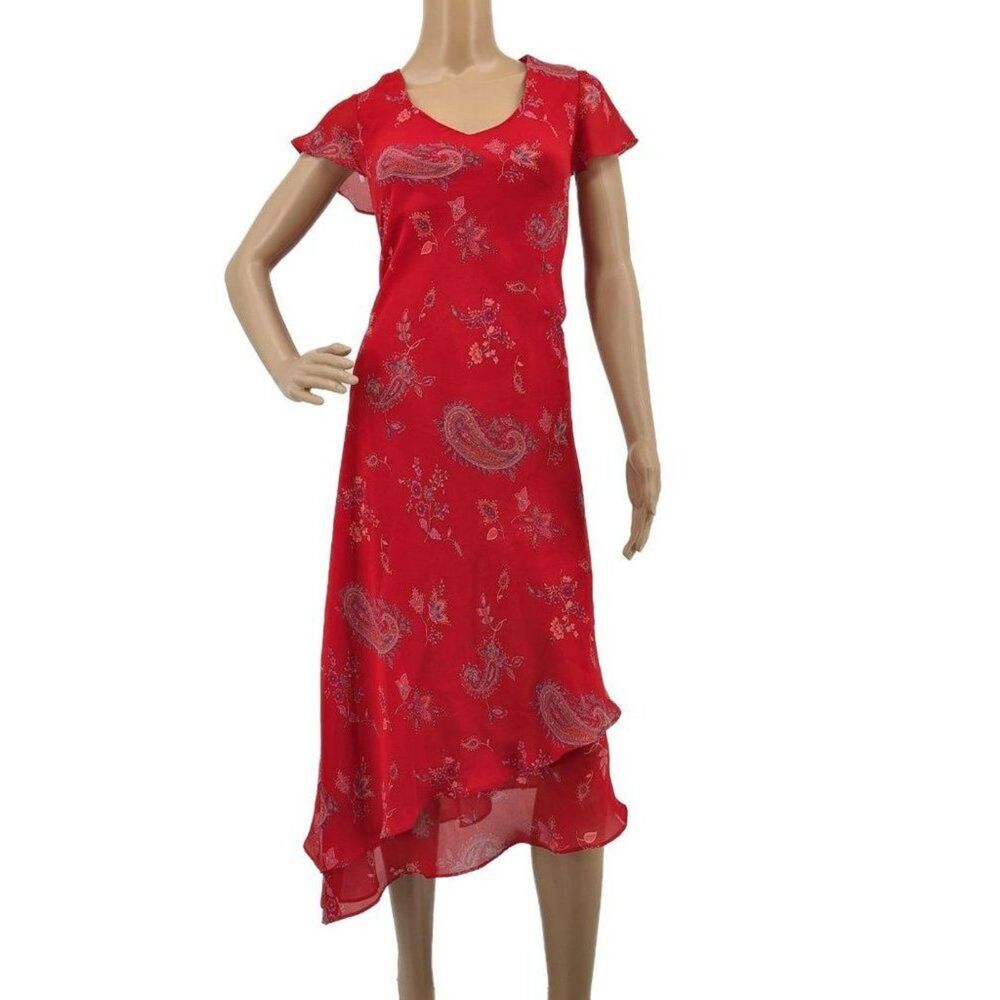 Vintage 1990s Positive Attitude Midi Dress Red Floral Paisley Flutter Petite M